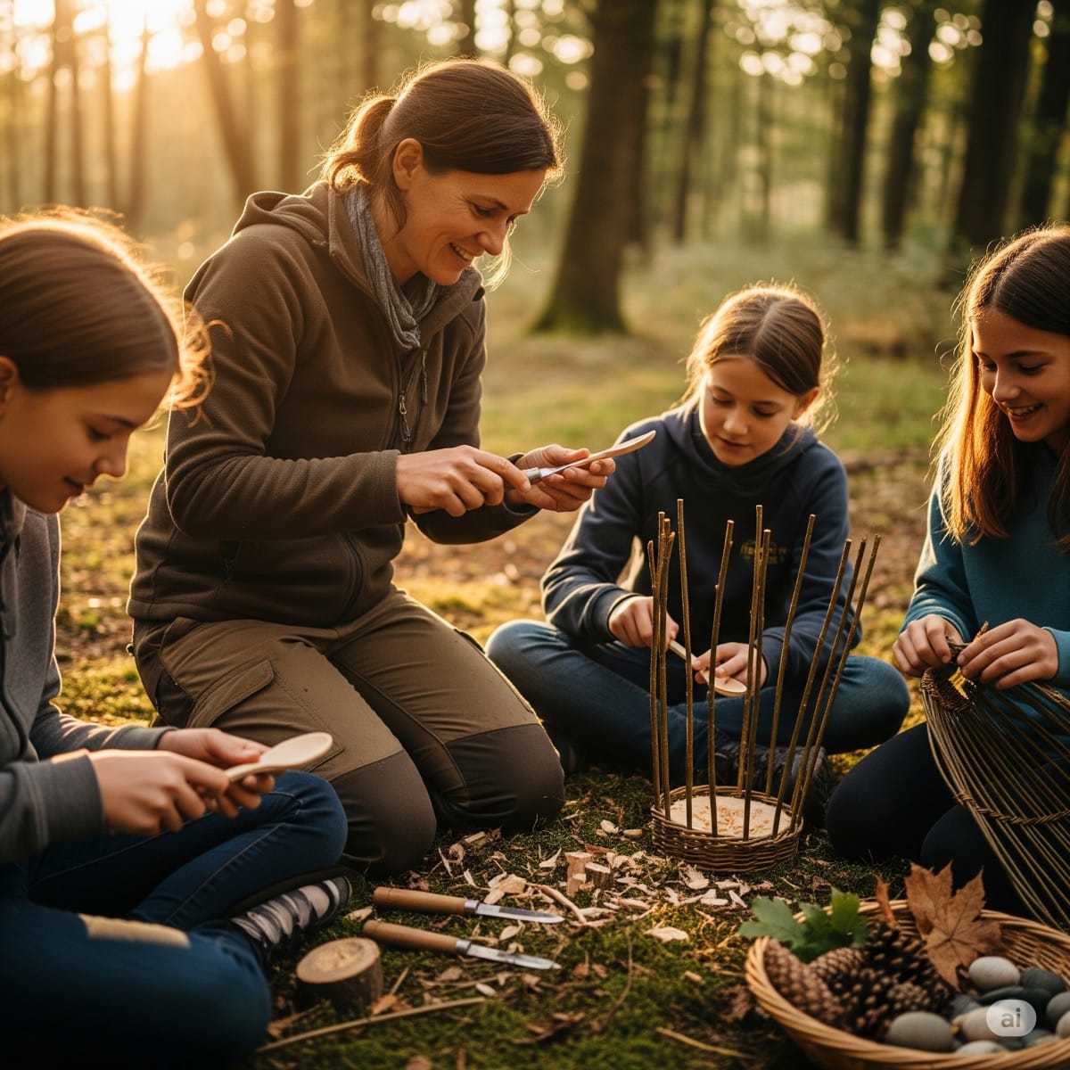 Pädagogin mit Kindern beim Naturhandwerk im Wald