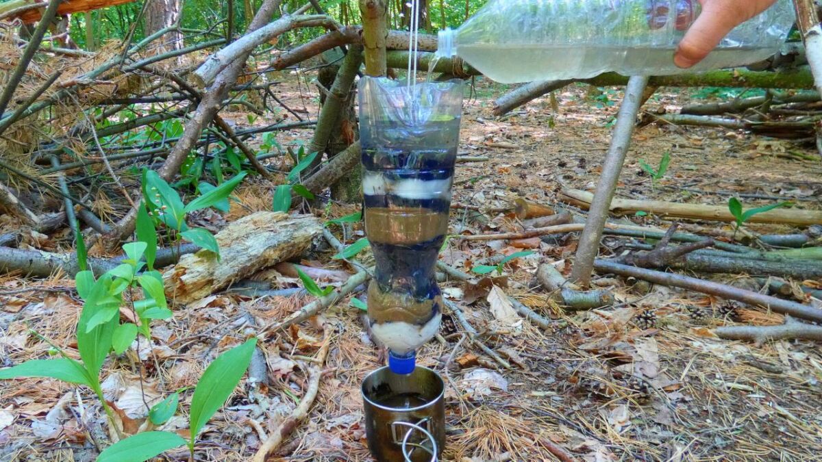 A homemade water filter removes suspended particles and dirt from the water but cannot remove bacteria or viruses.