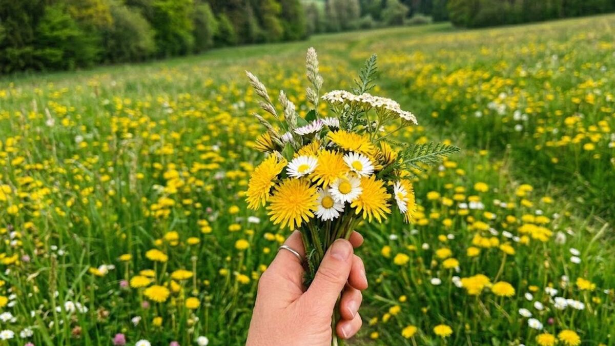 Handstraußregel: Was darfst du in Deutschland pflücken? blumenstrauss hand gelbe wiese