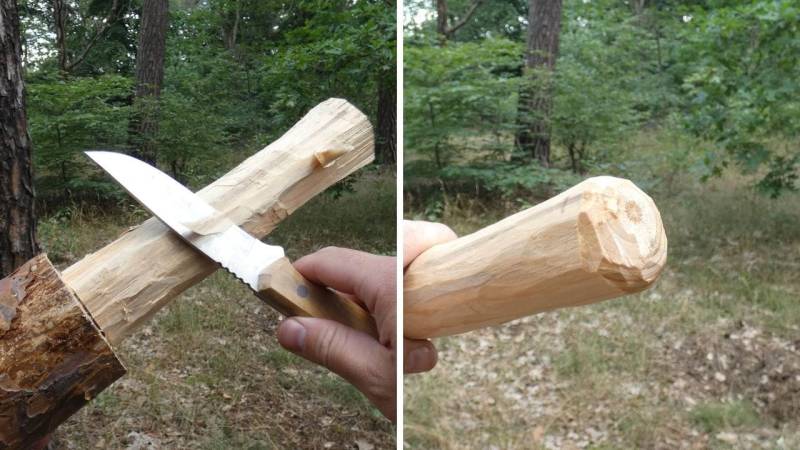 Entferne vom Griff mit deinem Messer vorhandene Unebenheiten um Holzsplitter zu vermeiden
