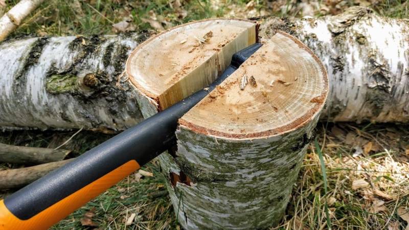 Use the axe to split and hit it with a thick stick