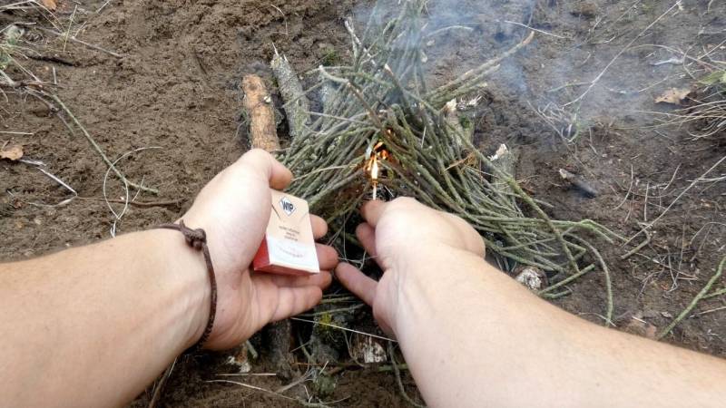 Setze dein Streichholz nun so bei deinem Anzündmaterial an, dass die Flamme die feinen Stöckchen berührt.