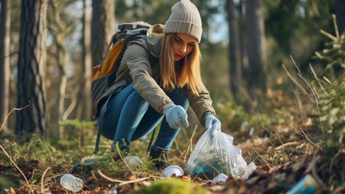 frau sammelt muell im wald auf