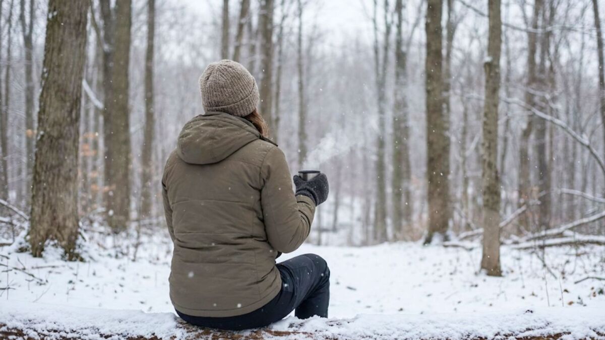 frau sitzt im wald mit heissem tee von hinten auf baumstamm