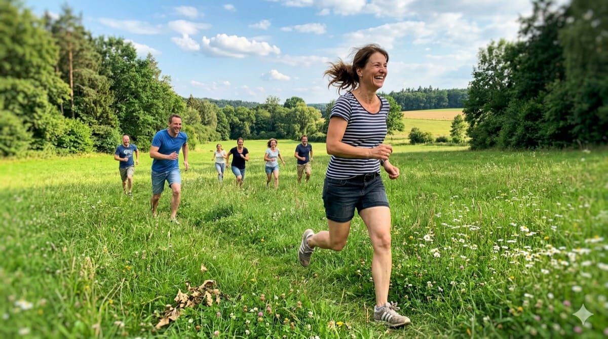 Warum Erwachsene wieder spielen sollten | Wildnispädagogik froehliche laeufer gruene wiese