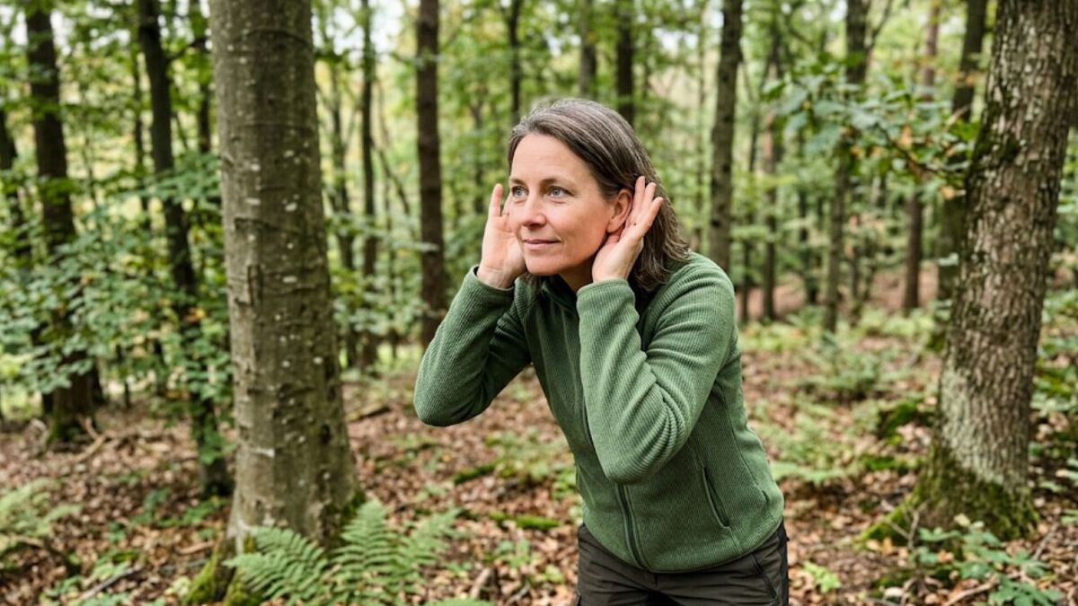 gruener wald frau horchend