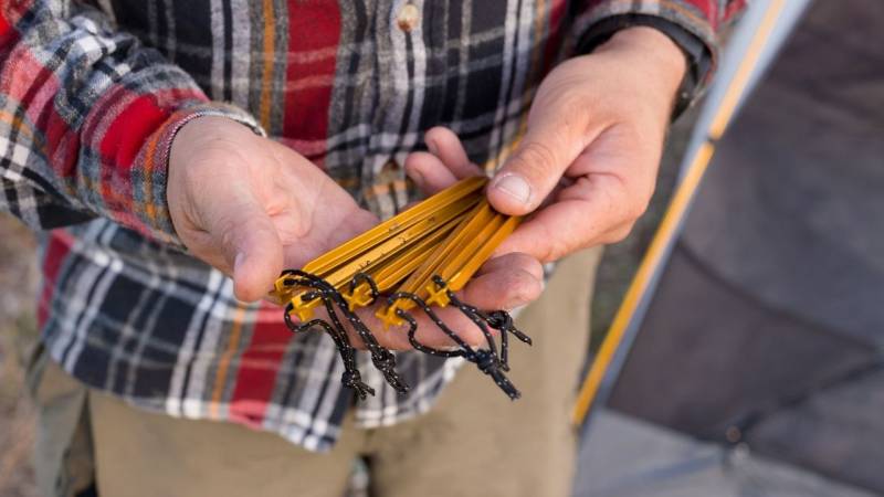 A few stable and deeply driven pegs are mandatory when setting up a tent