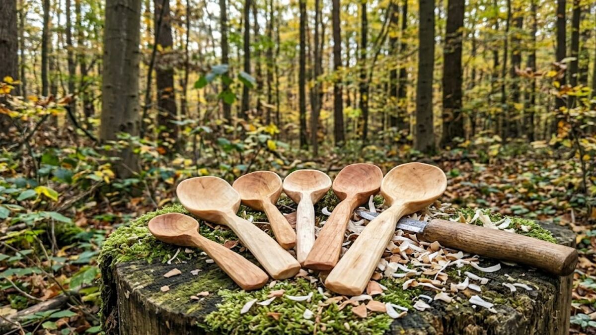 holzloeffel auf baumstumpf