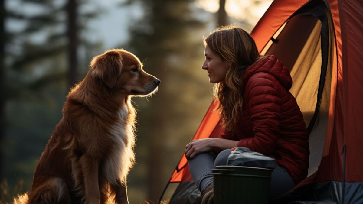hund mit frau beim zelten camping