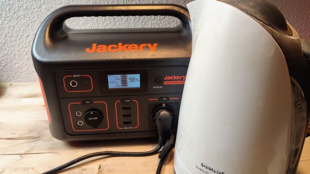 The Jackery Explorer 500 cannot handle the 1300 watt kettle