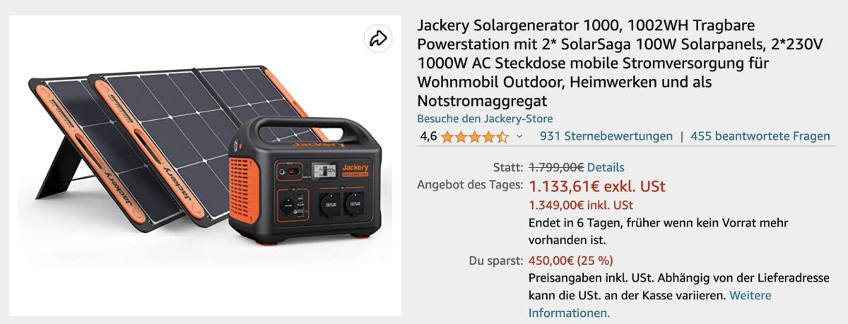 Jackery Solar Generator 1000 reduced by 25 percent deal