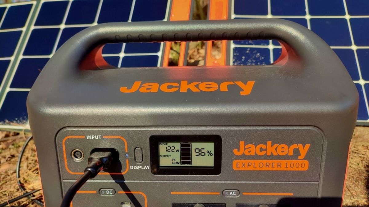 Jackery Solar Generator 1000 being charged with two solar panels