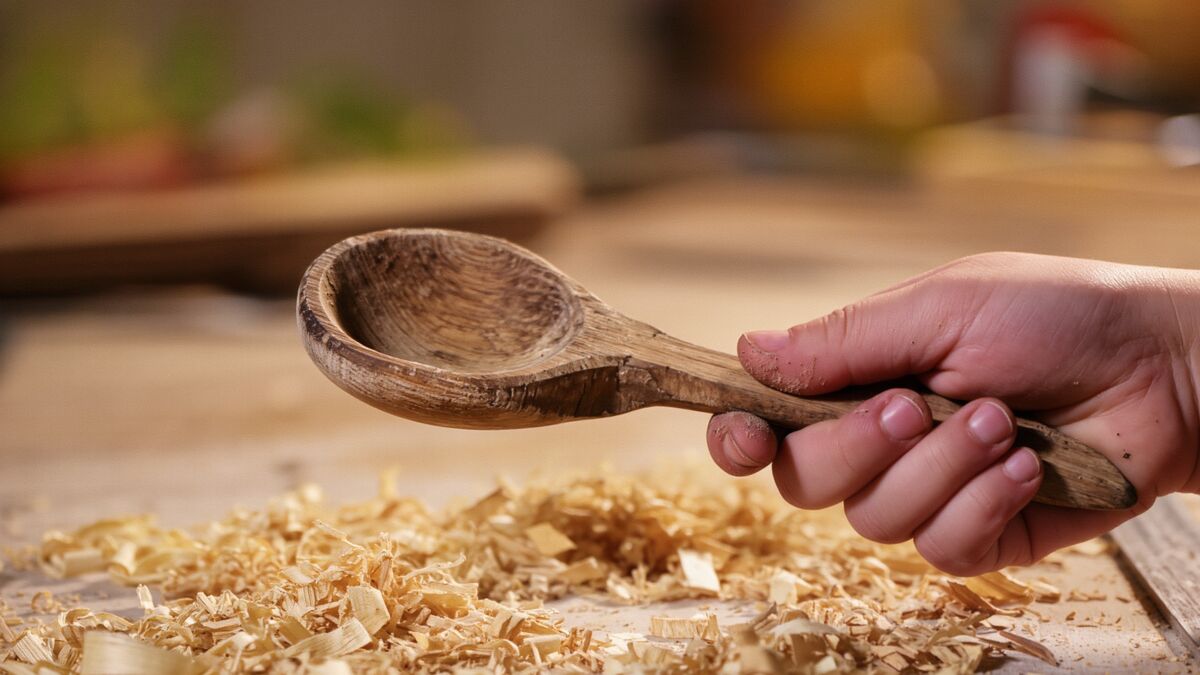 Warum deine Waldtage mit weniger Programm gestalten? kind haelt holzloeffel in hand