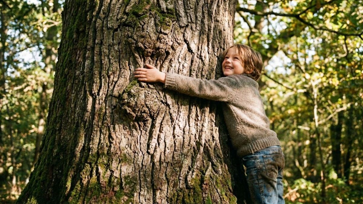 kind umarmt baum