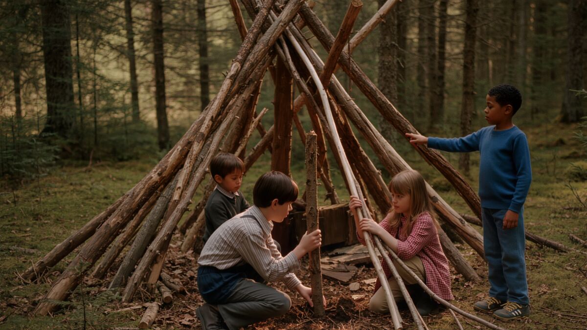 Warum deine Waldtage mit weniger Programm gestalten? kinder bauen huette im wald