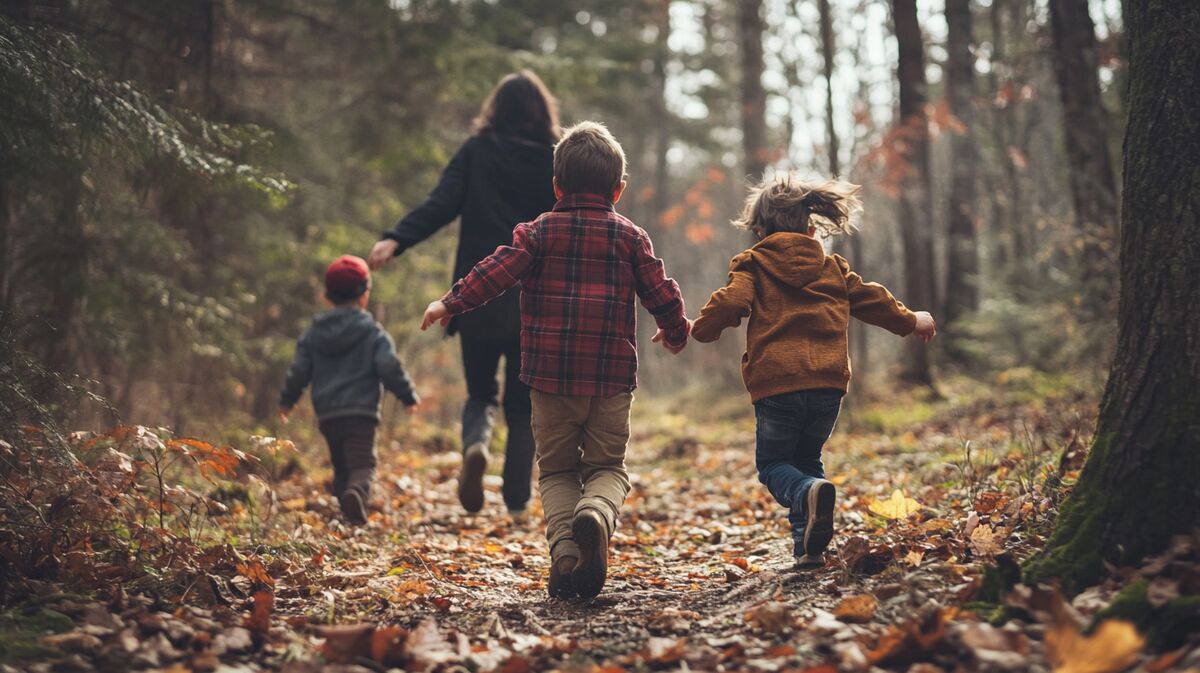 kindern rennen durch den wald von hinten