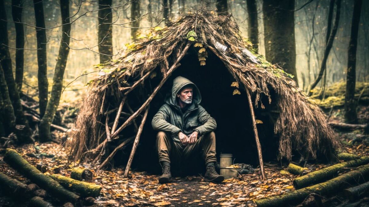 mann in unterschlupf survival bushcraft