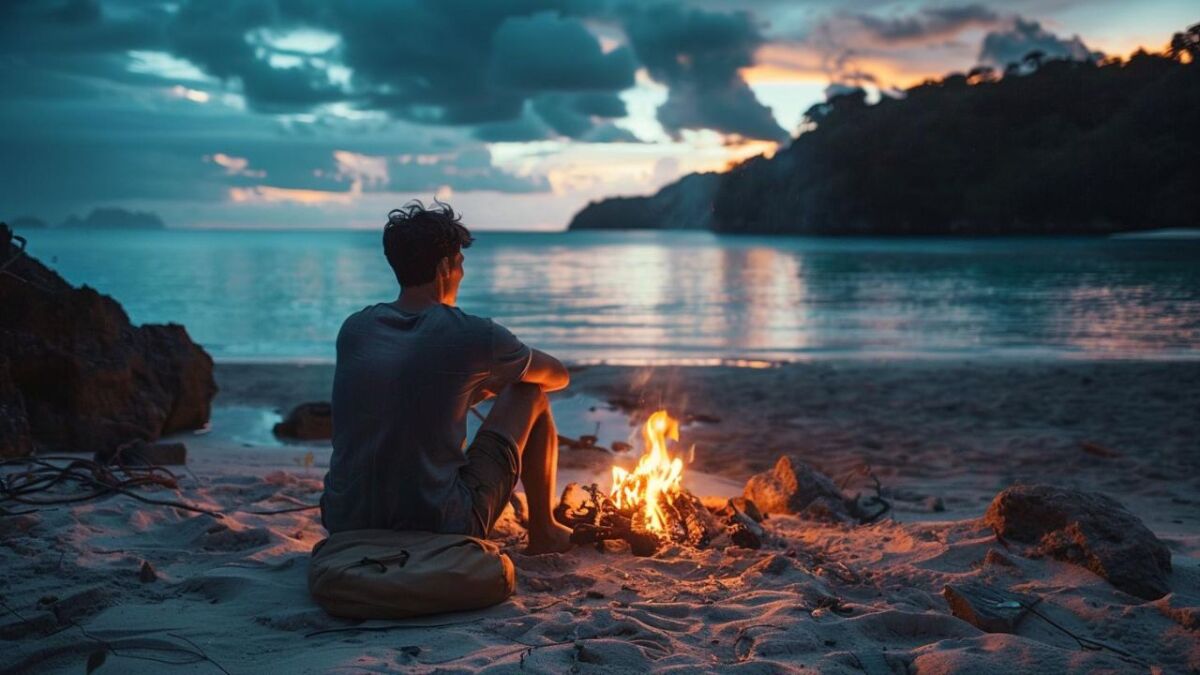 mann sitzt am strand mit lagerfeuer auf einer insel 1