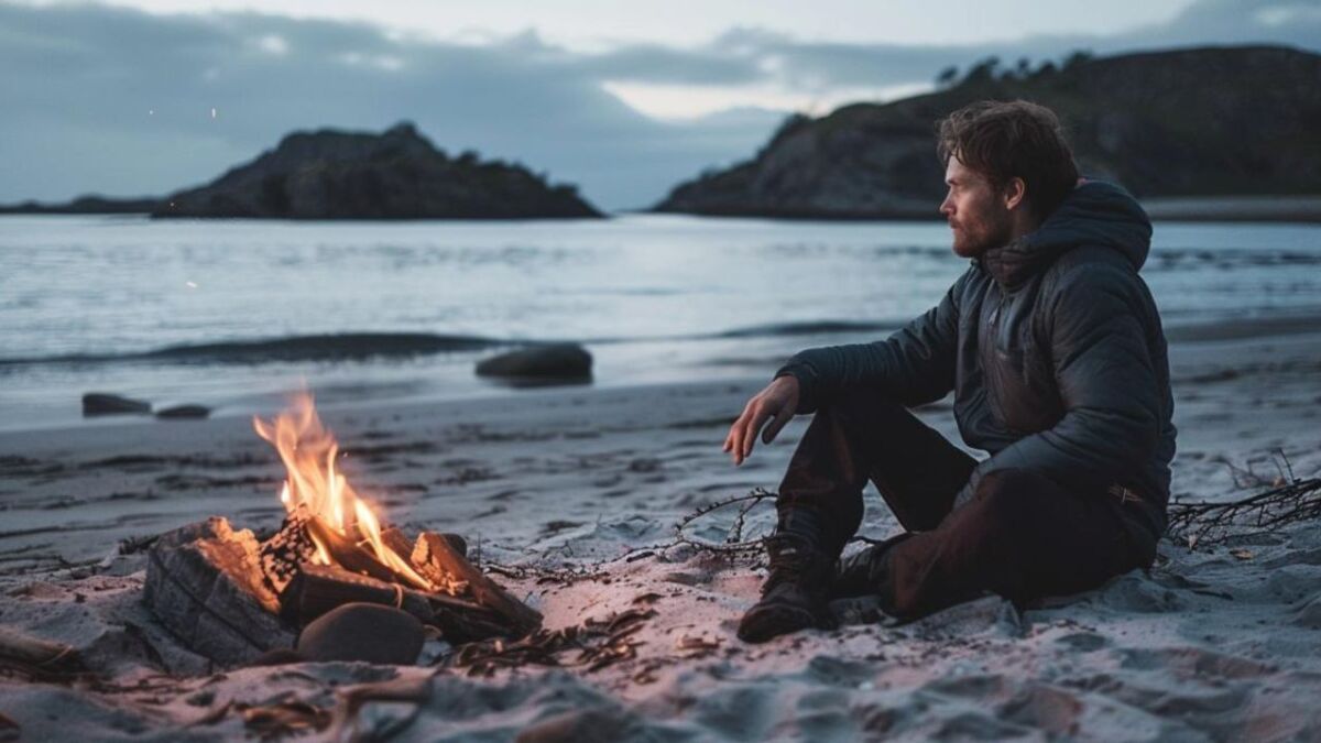 mann sitzt am strand mit lagerfeuer auf einer insel 2