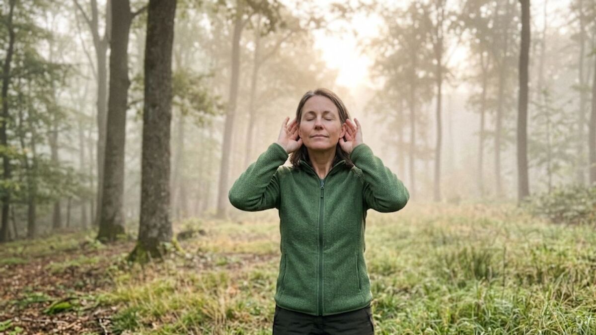 stille wald frau achtsam neblig