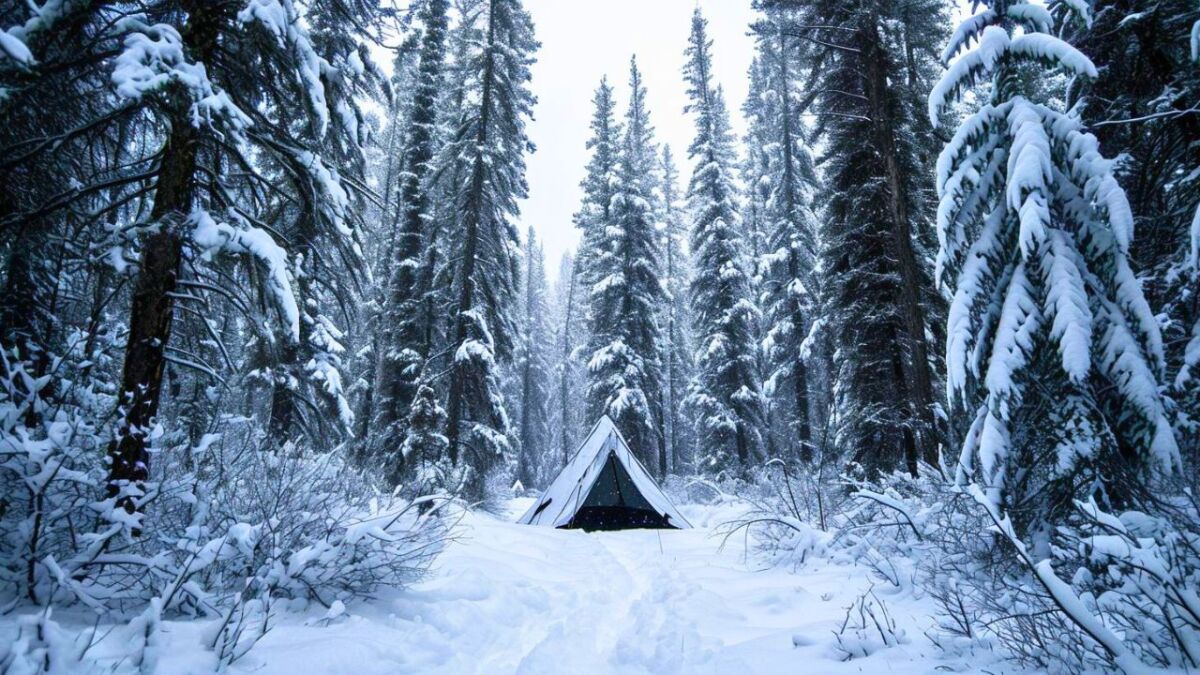 tarp als zelt aufgebaut im winterwald