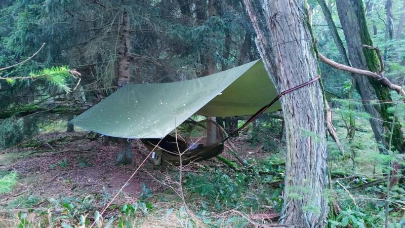 The Unigear Tarp 3 x 4 meters in use in the forest with a hammock