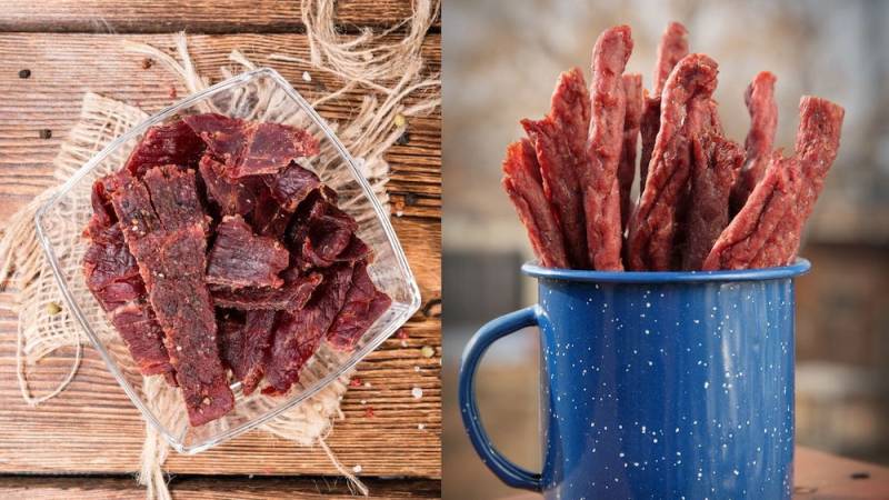 Trockenfleisch Sticks und kleine Stückchen sind perfekt für den Snack unterwegs