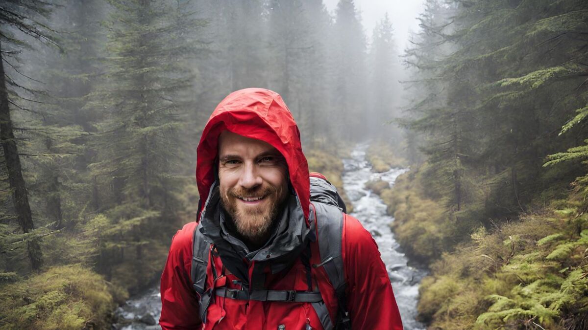 wandern bei regen mann in roter kleidung