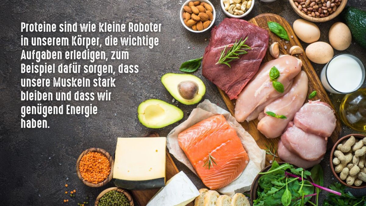 Proteins are like little robots in our body that perform important tasks, such as keeping our muscles strong and ensuring we have enough energy.