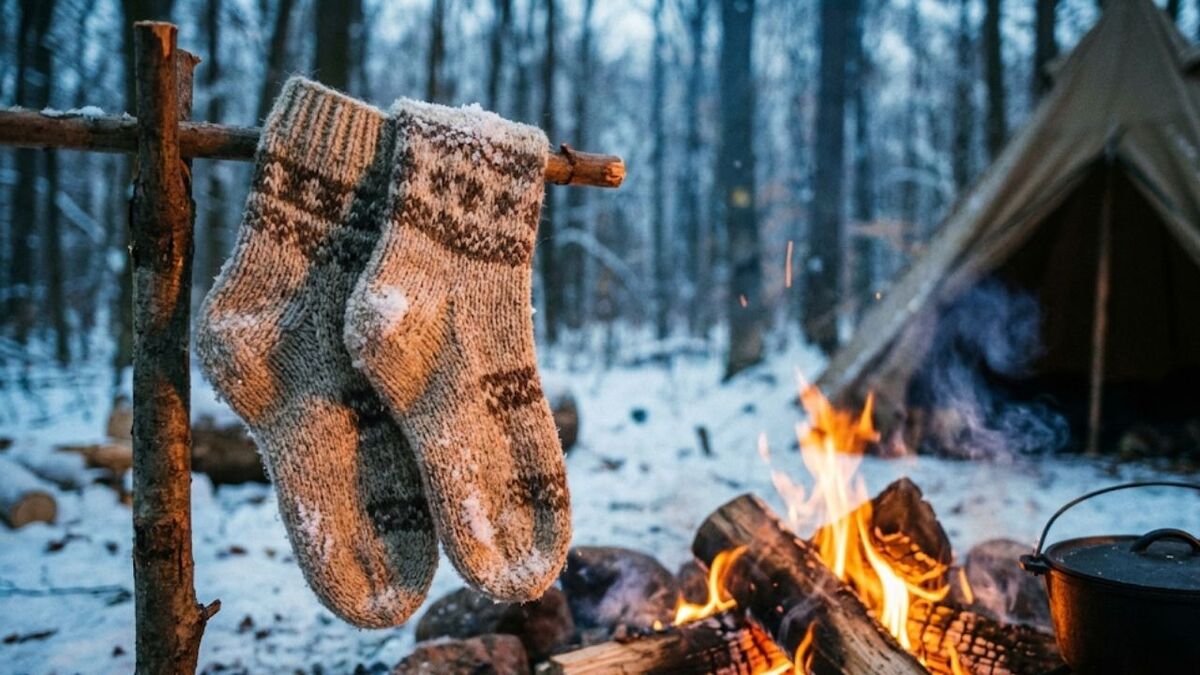 wollsocken am feuer trocknen