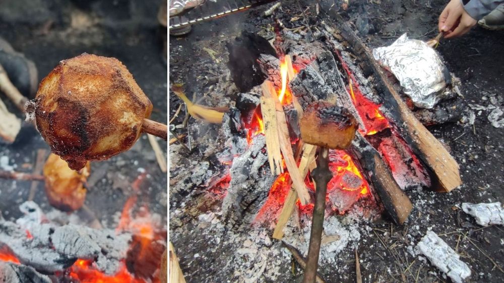 Bratapfel: Halte den Apfel übers Lagerfeuer bis der Apfel weich wird und der Zucker karamellisiert