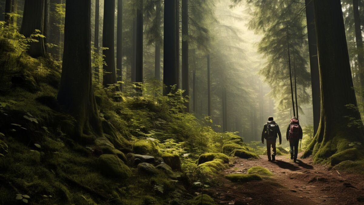 Immerse yourself in the peaceful atmosphere of the forest. Here you see two people hiking deep into the wilderness. This environment is perfect for clearing your mind and discovering new perspectives on life. In harmony with nature, you will find answers to your innermost questions.