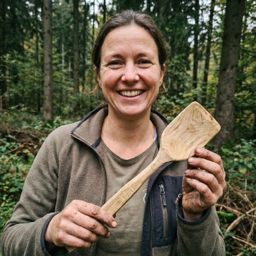 Katrin zeigt ihren selbstgeschnitzten Holzspatel