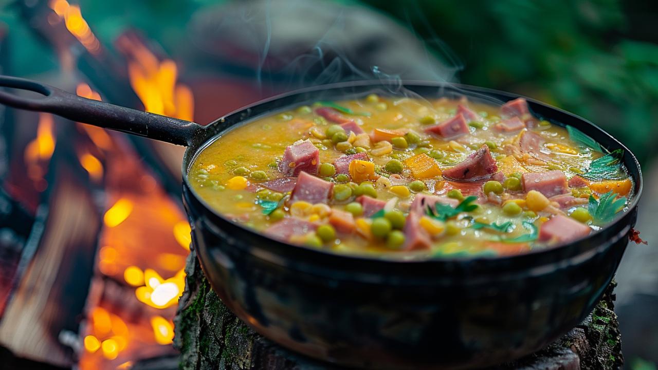 Pea soup with ham from the campfire kettle