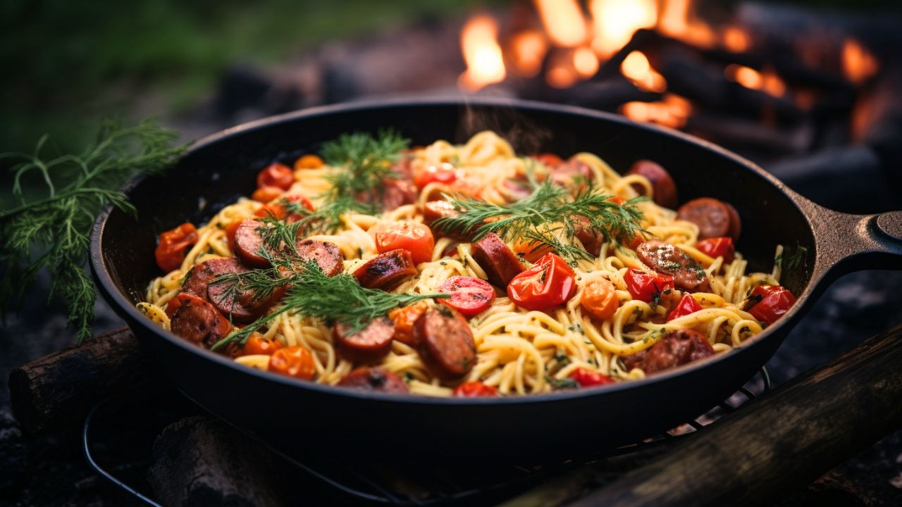 Wilderness sausage spaghetti from the pot